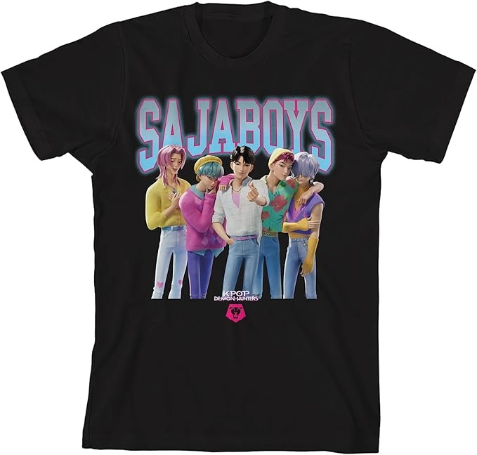 KPOP DEMON HUNTERS - SAJA BOYS BLACK T-SHIRT - LARGE (YOUTH)