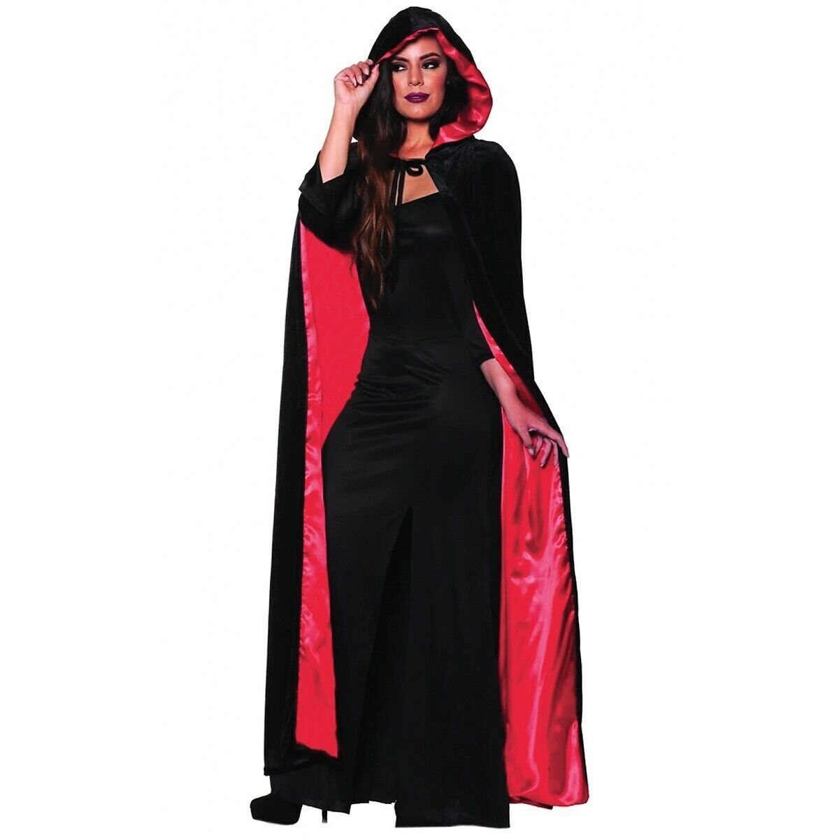 VELVET HOODED CAPE WITH LINING - BLACK/RED (ADULT - ONE SIZE) - CLOAKS