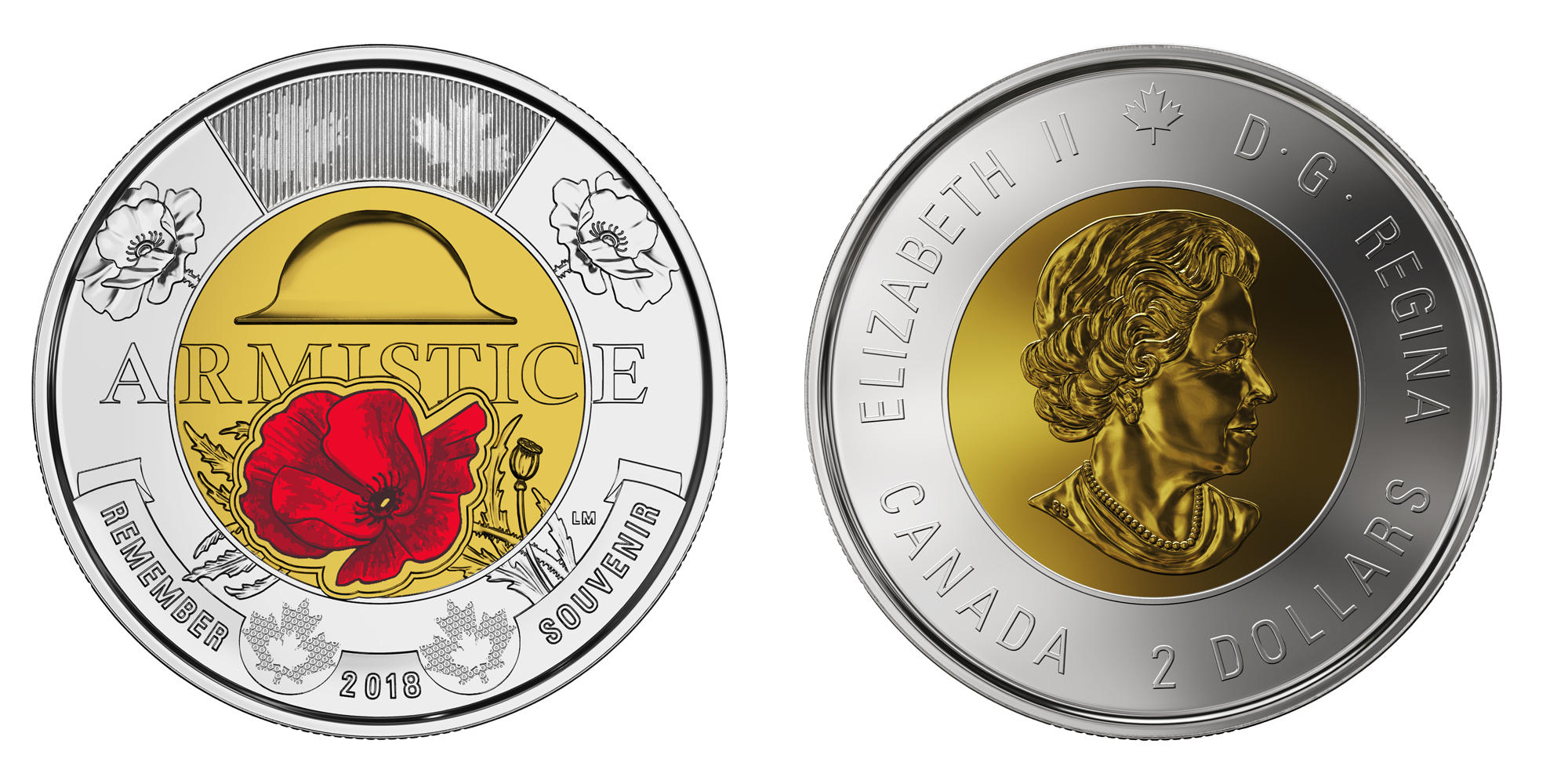 2018  CANADA  2$ TWO  DOLLAR COIN TOONIE ARMISTICE  COLORED POPPY FROM MINT UNC 