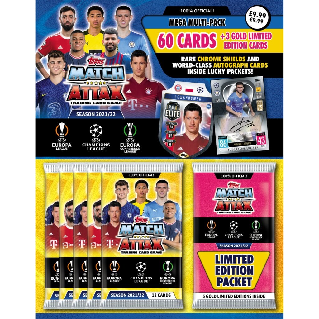 Bonus 6-Card Promo Pack 76 Cards + 3 LE Gold Cards & 1 LE Aqua Pulisic Card Aqua Mega Tin 2021-22 Topps Match Attax Champions League Cards 