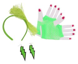 1980 - ENSEMBLE GLAM ROCK DE 4 MORCEAUX - BANDEAU, GANT & DEUX BOUCLES D\'OREILLES - VERT (ADULTE)