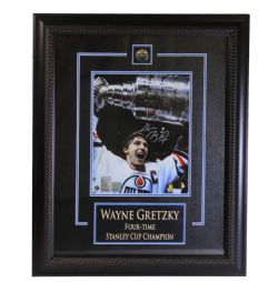 OILERS D'EDMONTON -  CADRE QUATRE FOIS CHAMPIONS DE LA COUPE STANLEY AUTOGRAPHIÉE PAR WAYNE GRETZY (46CM X 56CM)