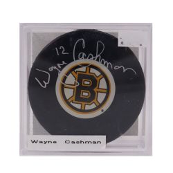 BRUINS OF BOSTON -  WAYNE CASHMAN AUTOGRAPHED HOCKEY PUCK - (LOGO)