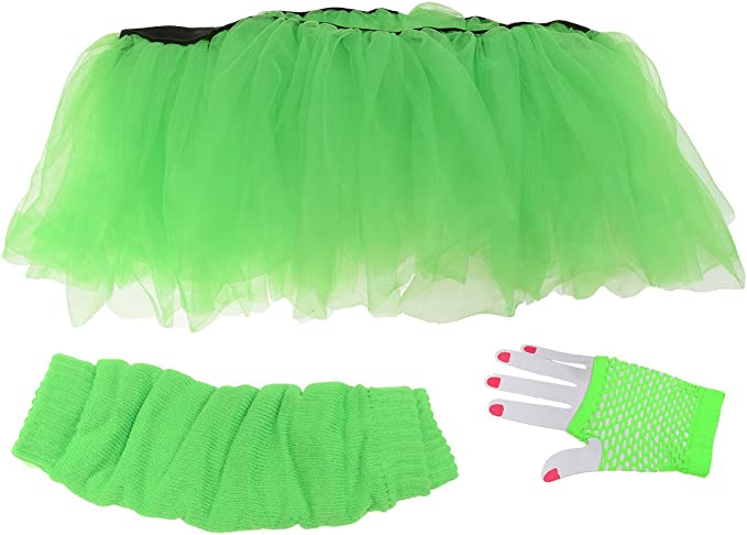 80'S -  TUTU, LEG WARMERS AND LACE GLOVES SET - NEON GREEN