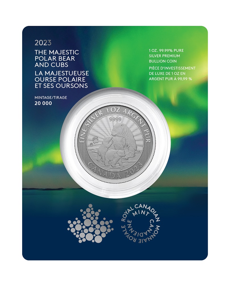SILVER PREMIUM BULLION -  THE MAJESTIC POLAR BEAR AND CUBS - 1 OUNCE FINE SILVER COIN -  2023 CANADIAN COINS 02