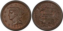 1-CENT -  1847 1-CENT, 7-OVER-SMALL-7 (AG) -  1847 UNITED STATES COINS