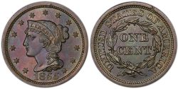 1-CENT -  1855 1-CENT, SLANTED 55 (AU) -  1855 UNITED STATES COINS