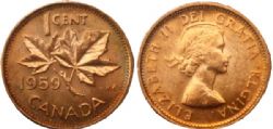 1-CENT -  1959 1-CENT - HANGING 9 -  1959 CANADIAN COINS