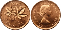 1-CENT -  1963 1-CENT - BRILLIANT UNCIRCULATED (BU) -  1963 CANADIAN COINS