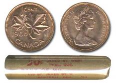 1-CENT -  1968 1-CENT ORIGINAL ROLL -  1968 CANADIAN COINS