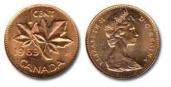 1-CENT -  1969 1-CENT - BRILLIANT UNCIRCULATED (BU) -  1969 CANADIAN COINS