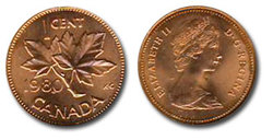 1-CENT -  1980 1-CENT - BRILLIANT UNCIRCULATED (BU) -  1980 CANADIAN COINS