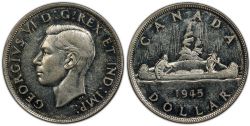 1-DOLLAR -  1945 1-DOLLAR DOUBLE HP -  1945 CANADIAN COINS