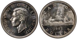 1-DOLLAR -  1947 1-DOLLAR BLUNT 7 MAPLE LEAF -  1947 CANADIAN COINS