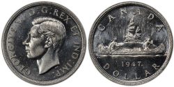 1-DOLLAR -  1947 1-DOLLAR BLUNT 7 MAPLE LEAF, DOUBLED HP -  1947 CANADIAN COINS