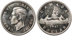1-DOLLAR -  1947 1-DOLLAR DOT, POINTED-7 -  1947 CANADIAN COINS
