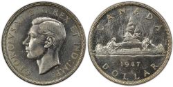 1-DOLLAR -  1947 1-DOLLAR DOUBLED HP, BLUNT-7 -  1947 CANADIAN COINS