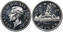 1-DOLLAR -  1947 1-DOLLAR DOUBLED HP, POINTED-7 -  1947 CANADIAN COINS