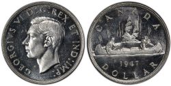1-DOLLAR -  1947 1-DOLLAR QUADRUPLED HP, POINTED-7 -  1947 CANADIAN COINS