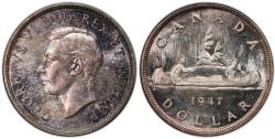 1-DOLLAR -  1947 1-DOLLAR TRIPLED HP, BLUNT-7 -  1947 CANADIAN COINS