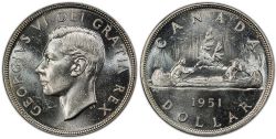 1-DOLLAR -  1951 1-DOLLAR FULL WATER LINES, DOUBLED HP -  1951 CANADIAN COINS