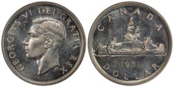 1-DOLLAR -  1951 1-DOLLAR SHORT WATER LINES -  1951 CANADIAN COINS