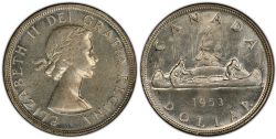 1-DOLLAR -  1953 1-DOLLAR NO SHOULDER FOLD, SHORT WATER LINES -  1953 CANADIAN COINS