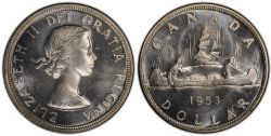 1-DOLLAR -  1953 1-DOLLAR SHOULDER FOLD, FULL WATER LINES -  1953 CANADIAN COINS