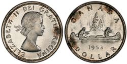 1-DOLLAR -  1953 1-DOLLAR SHOULDER FOLD, SHORT WATER LINES -  1953 CANADIAN COINS