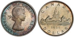 1-DOLLAR -  1954 1-DOLLAR FULL WATER LINES -  1954 CANADIAN COINS