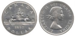 1-DOLLAR -  1957 1-DOLLAR ONE WATER LINE (MS-62) -  1957 CANADIAN COINS