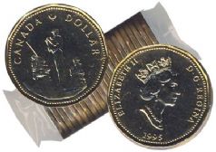 1-DOLLAR -  1995 1-DOLLAR ORIGINAL ROLL - PEACEKEEPING DESIGN -  1995 CANADIAN COINS