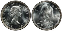 10-CENT -  1953 10-CENT SHOULDER FOLD & DOUBLE DATE -  PIÈCES DU CANADA 1953