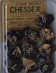 10 DICE, 10-SIDERS, BLACK/GOLD WITH SILVER NUMBERS -  GEMINI