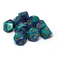 10 DICE, 10-SIDERS, BLUE/TEAL WITH GOLD NUMBERS -  GEMINI