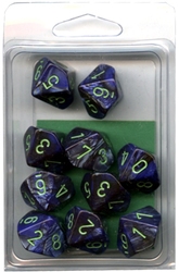 10 DICE, 10-SIDERS, DARK BLUE WITH GREEN -  LUSTROUS