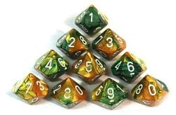 10 DICE, 10-SIDERS, GOLD-GREEN WITH WHITE -  GEMINI