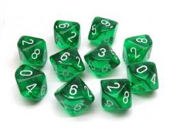 10 DICE, 10-SIDERS, GREEN / WHITE -  TRANSPARENT