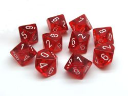 10 DICE, 10-SIDERS, RED / WHITE -  TRANSPARENT