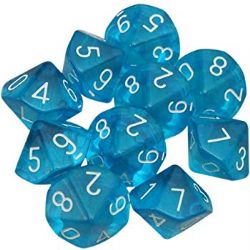 10 DICE, 10-SIDERS, TEAL / WHITE -  TRANSPARENT