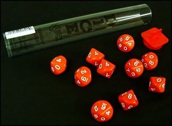 10 DICE TUBE, 10-SIDERS, RED/WHITE, OPAQUE