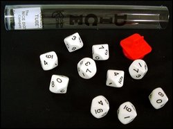 10 DICE TUBE, 10-SIDERS, WHITE/BLACK, OPAQUE