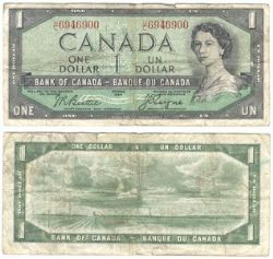 1954 - MODIFIED PORTRAIT -  1954 1-DOLLAR NOTE, BEATTIE/COYNE - LOW SERIAL NUMBERED NOTE (VG)