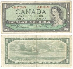 1954 - MODIFIED PORTRAIT -  1954 1-DOLLAR NOTE, BEATTIE/RASMINSKY PREFIXES B/M