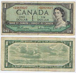 1954 - MODIFIED PORTRAIT -  1954 1-DOLLAR NOTE, BEATTIE/RASMINSKY PREFIXES B/M