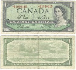 1954 - MODIFIED PORTRAIT -  1954 1-DOLLAR NOTE, BEATTIE/RASMINSKY PREFIXES B/M