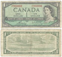 1954 - MODIFIED PORTRAIT -  1954 1-DOLLAR NOTE, BOUEY/RASMINSKY PREFIXES I/F - U/F