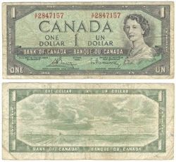 1954 - MODIFIED PORTRAIT -  1954 1-DOLLAR NOTE, BOUEY/RASMINSKY PREFIXES V/F