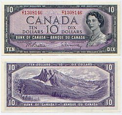 1954 - MODIFIED PORTRAIT -  1954 10-DOLLAR NOTE, BEATTIE/RASMINSKY (AU)