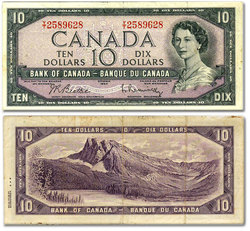 1954 - MODIFIED PORTRAIT -  1954 10-DOLLAR NOTE, BEATTIE/RASMINSKY (F)